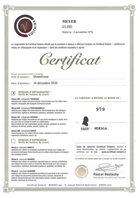 Le certificat Voltaire - 2020
